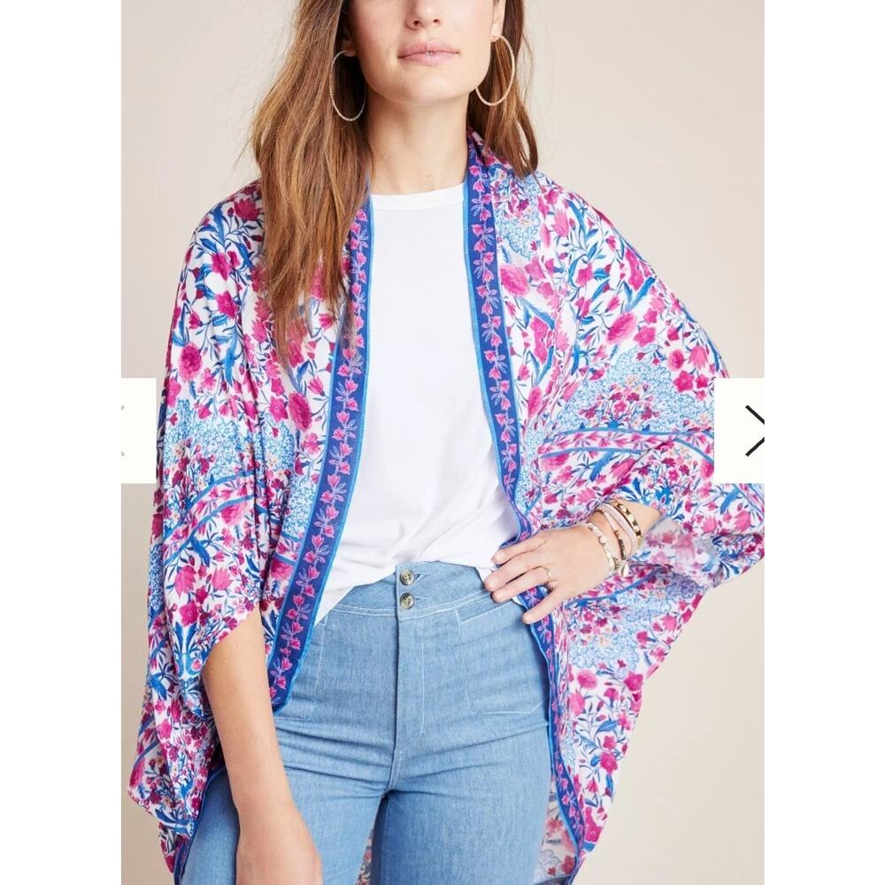 Anthropologie Pink Blue Floral Kimono Top